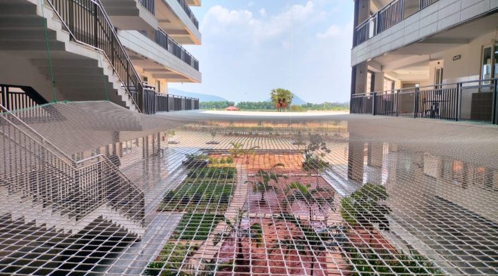 Building safety net installed on a high-rise building under construction.